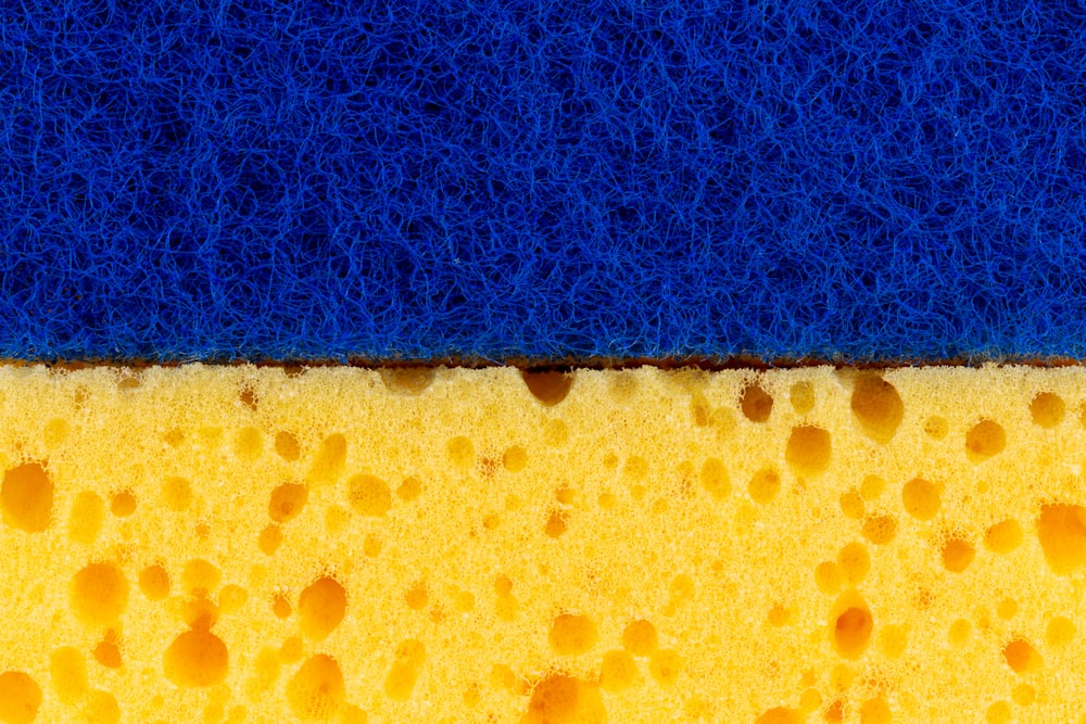 a close up of a sponge on a blue and yellow surface