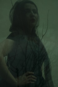 A person is partially visible through a semi-opaque layer that has silhouetted branches. The mood is mysterious and the image conveys a sense of overlapping realities or introspection. The lighting is dim, creating a shadowy effect.