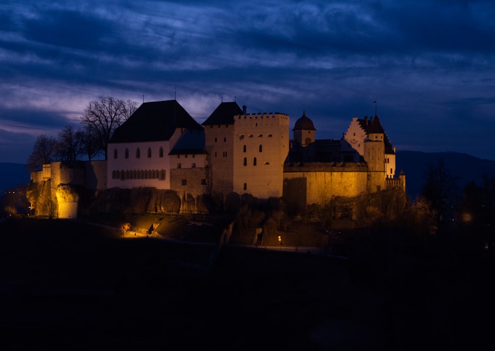 Un château illuminé la nuit sur une colline