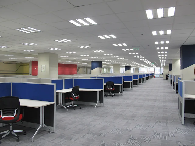 Blue Panel Workstations — commercial manager cabin interior design