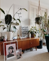 A cozy living room corner with a mid-century modern wooden sideboard featuring houseplants in various pots. Artworks are leaning against the cabinet, including a portrait and a family photo. A framed print with motivational text stands atop the sideboard, surrounded by stylish decor items such as a small lamp and a decorative container. The space is bright, with natural light coming through a window, and the overall decor exudes a homey and artistic vibe.