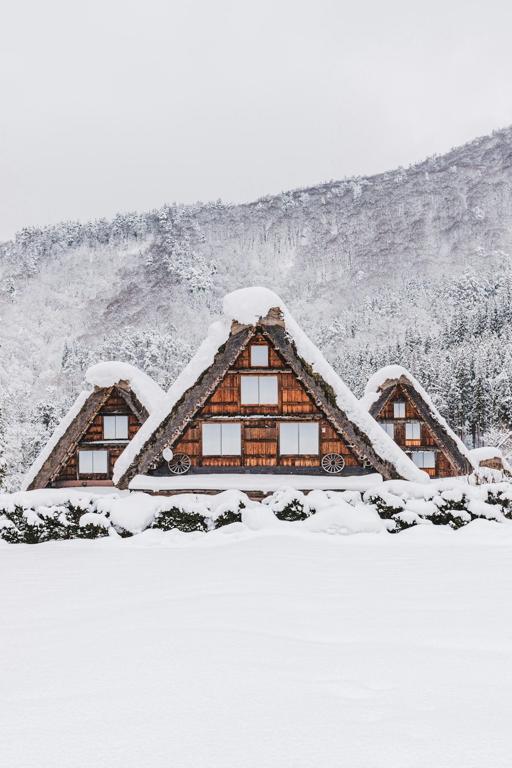 a snow covered house with a mountain in the background