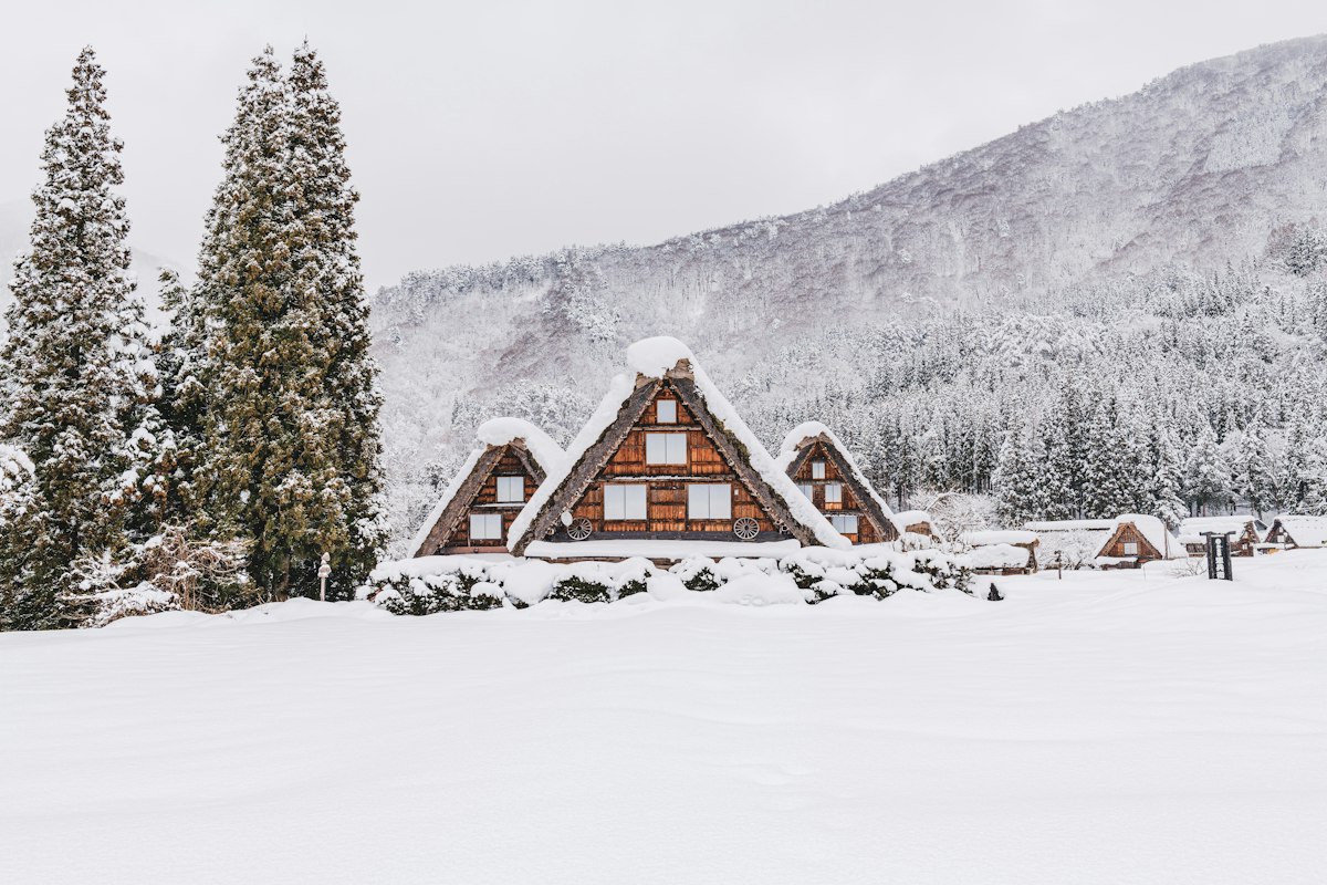 一座陡峭三角形茅草屋顶的木屋覆盖着积雪，立在白色田野中，旁边是高大的针叶树，后方是积雪的山坡