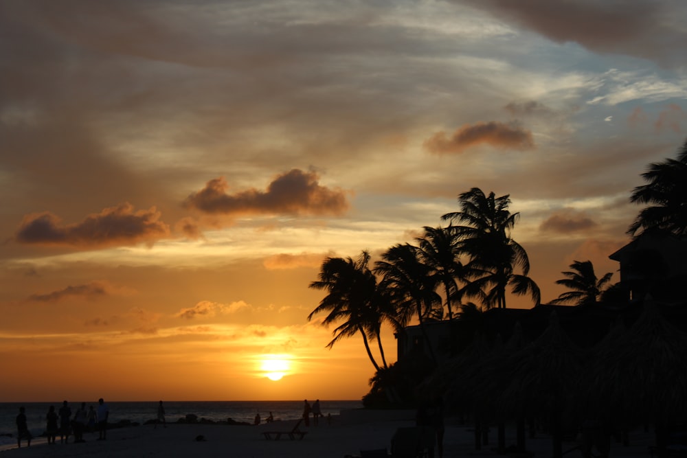 a sunset on a beach with palm trees