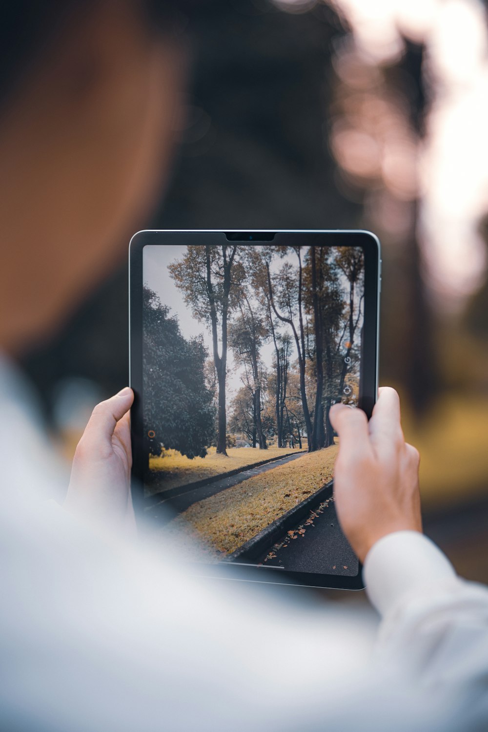 a person holding up a picture of a road