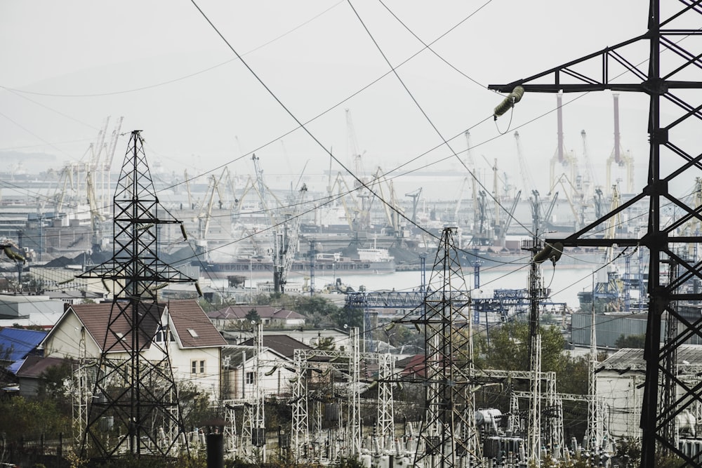 a view of a city with lots of power lines