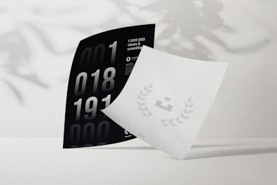 Two pieces of paper are arranged artistically on a plain surface. One is black with large numbers and text stating '1 000 000 views & counting.' The other is white with a minimal design featuring a small icon surrounded by laurels. Shadows of leaves are subtly cast on the background, adding depth.
