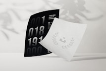 Two pieces of paper are arranged artistically on a plain surface. One is black with large numbers and text stating '1 000 000 views & counting.' The other is white with a minimal design featuring a small icon surrounded by laurels. Shadows of leaves are subtly cast on the background, adding depth.