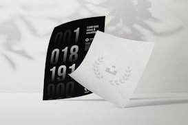 Two pieces of paper are arranged artistically on a plain surface. One is black with large numbers and text stating '1 000 000 views & counting.' The other is white with a minimal design featuring a small icon surrounded by laurels. Shadows of leaves are subtly cast on the background, adding depth.