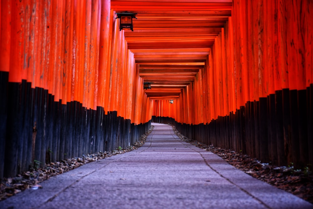 a long walkway lined with red and black columns