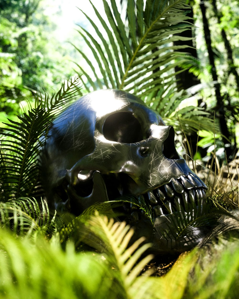 a metal skull in the middle of a forest