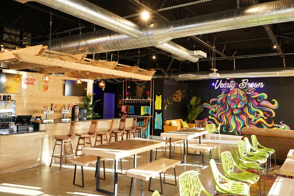 a restaurant with tables and chairs and a mural on the wall