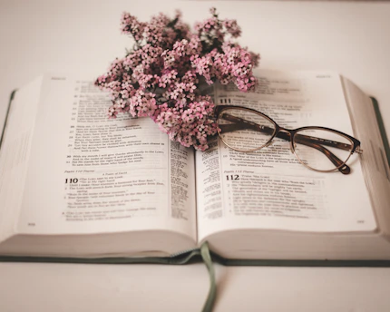 A soft pink sunrise casting gentle light over an open Bible with a delicate flower resting on the pages.