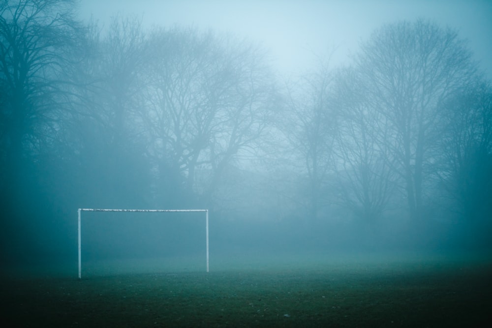 a soccer goal in a foggy field with trees in the background