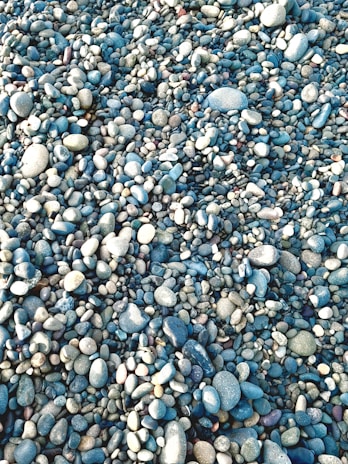 A large assortment of small and medium-sized, smooth stones and pebbles of various shapes and colors are scattered across a surface. The pebbles are predominantly in shades of blue, gray, and white, creating a visually engaging pattern with subtle variations in texture and hue.