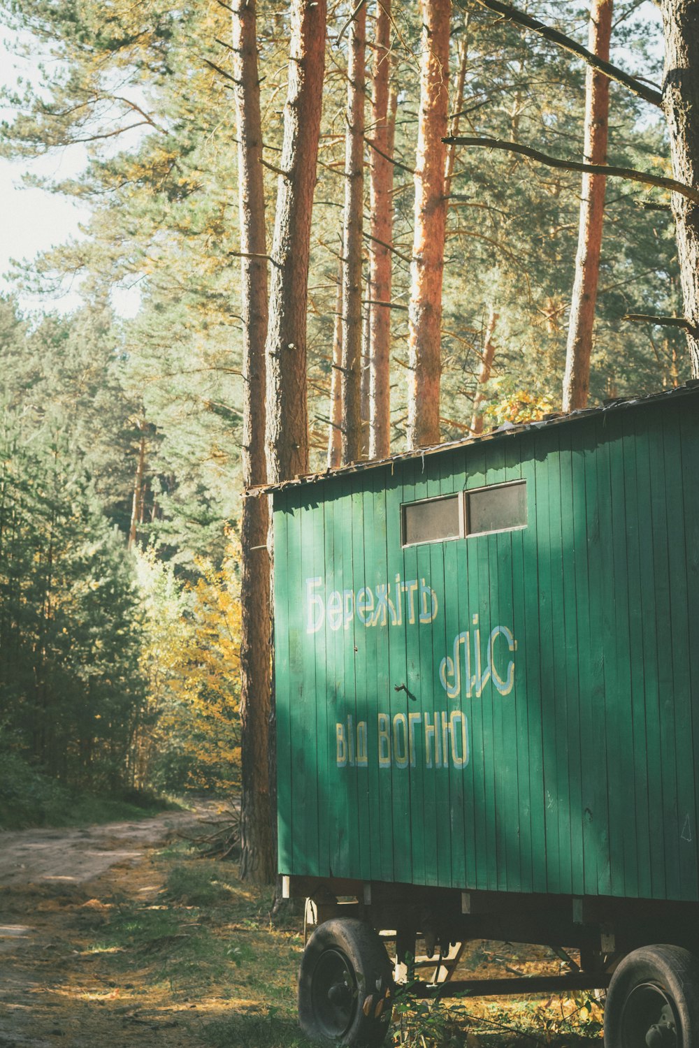 a green caboose sitting in the middle of a forest