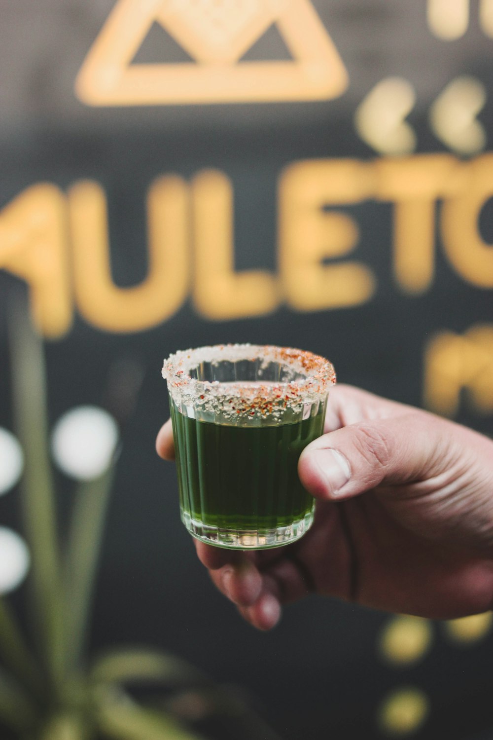 a person holding a green drink in their hand