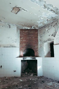a room that has a brick oven in it