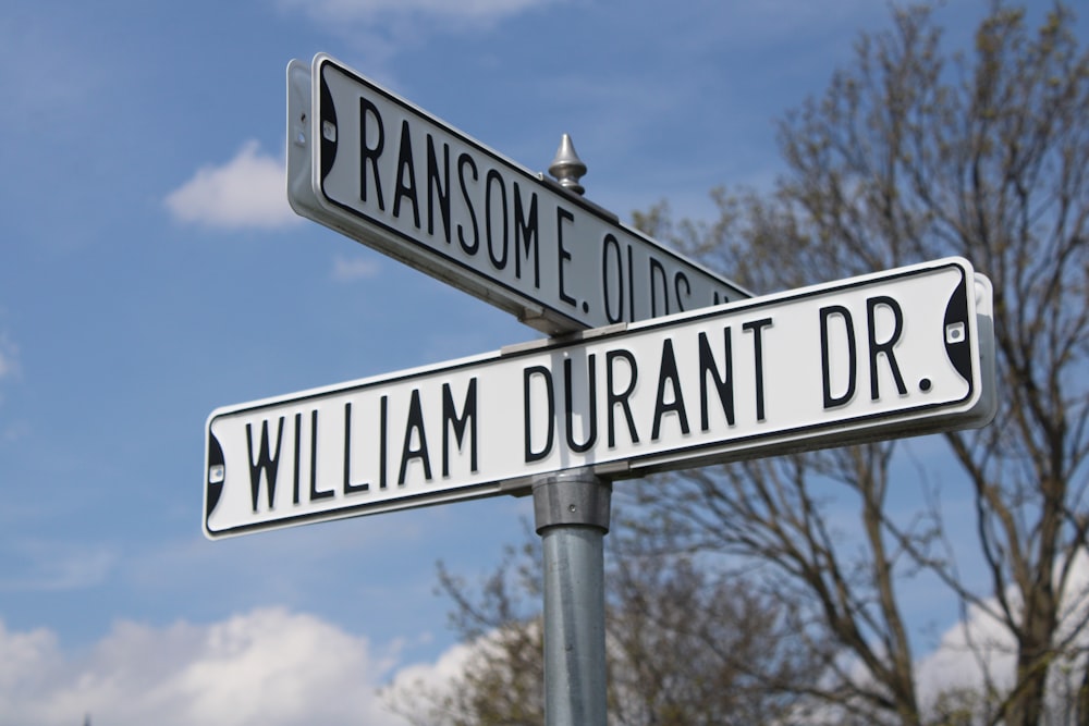 a close up of a street sign with trees in the background