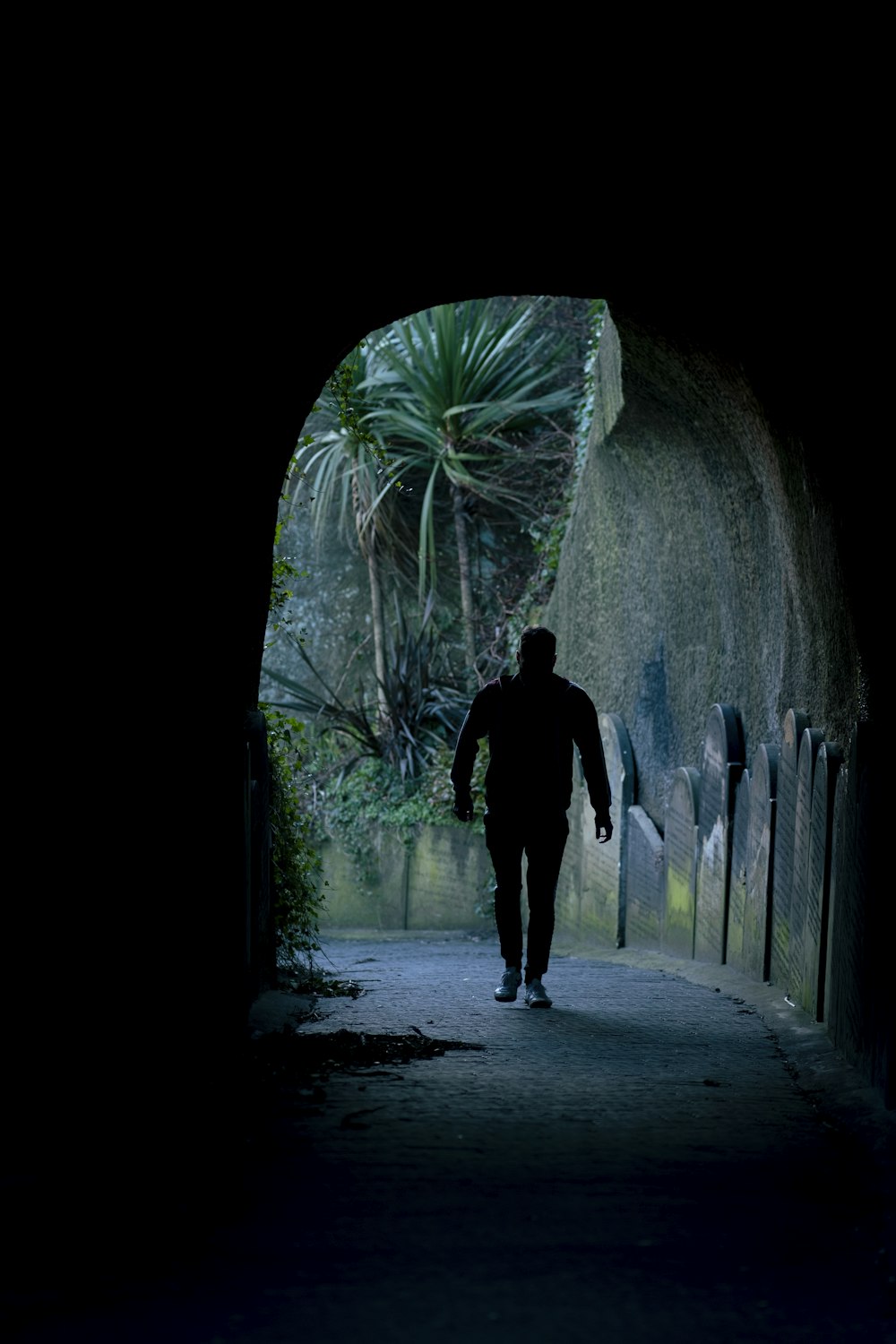 a man walking into a dark tunnel with trees in the background