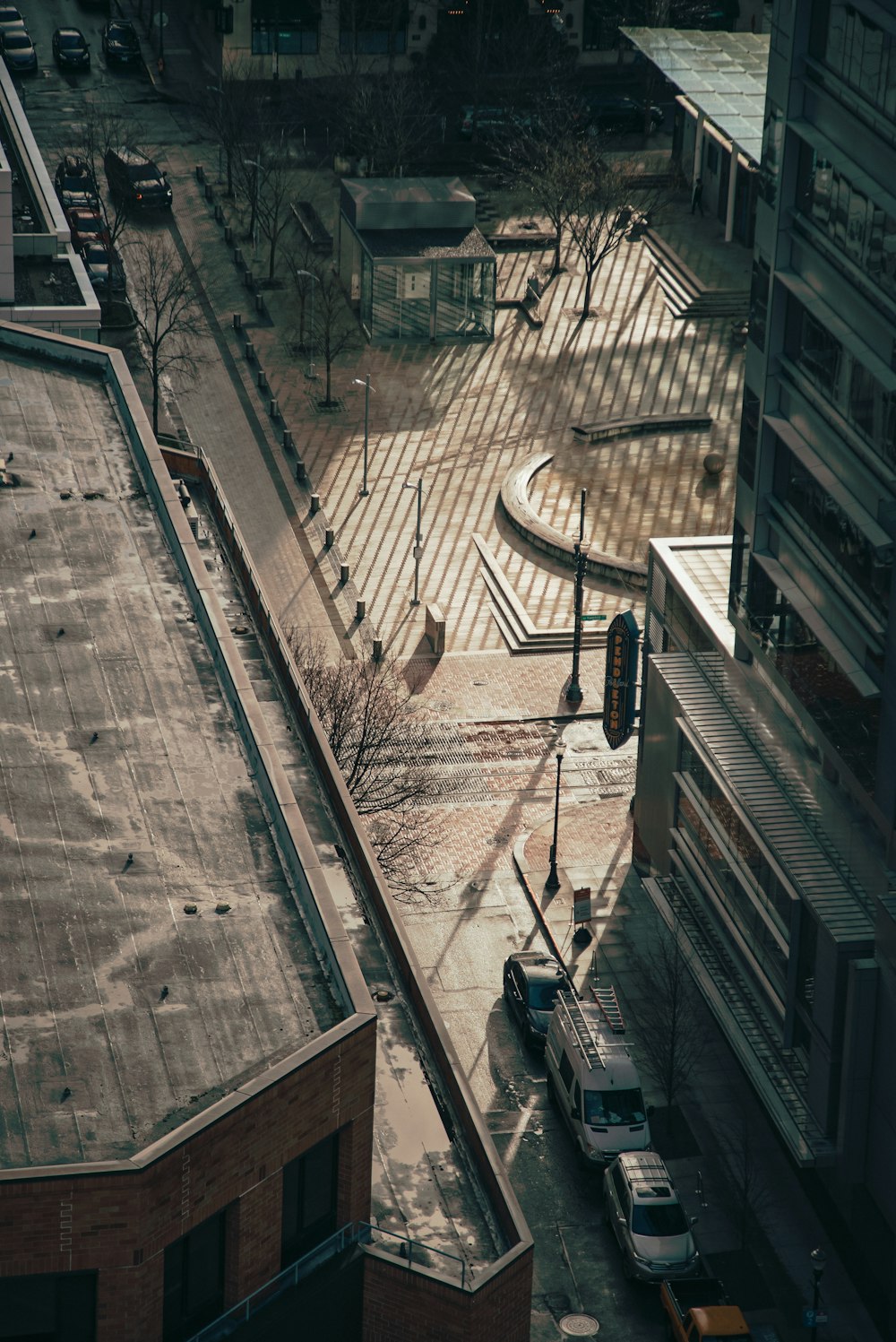 a view of a city street from a tall building