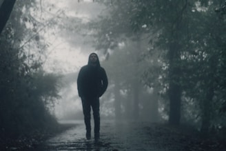 Hiker wearing the jacket on a misty trail, hood up.