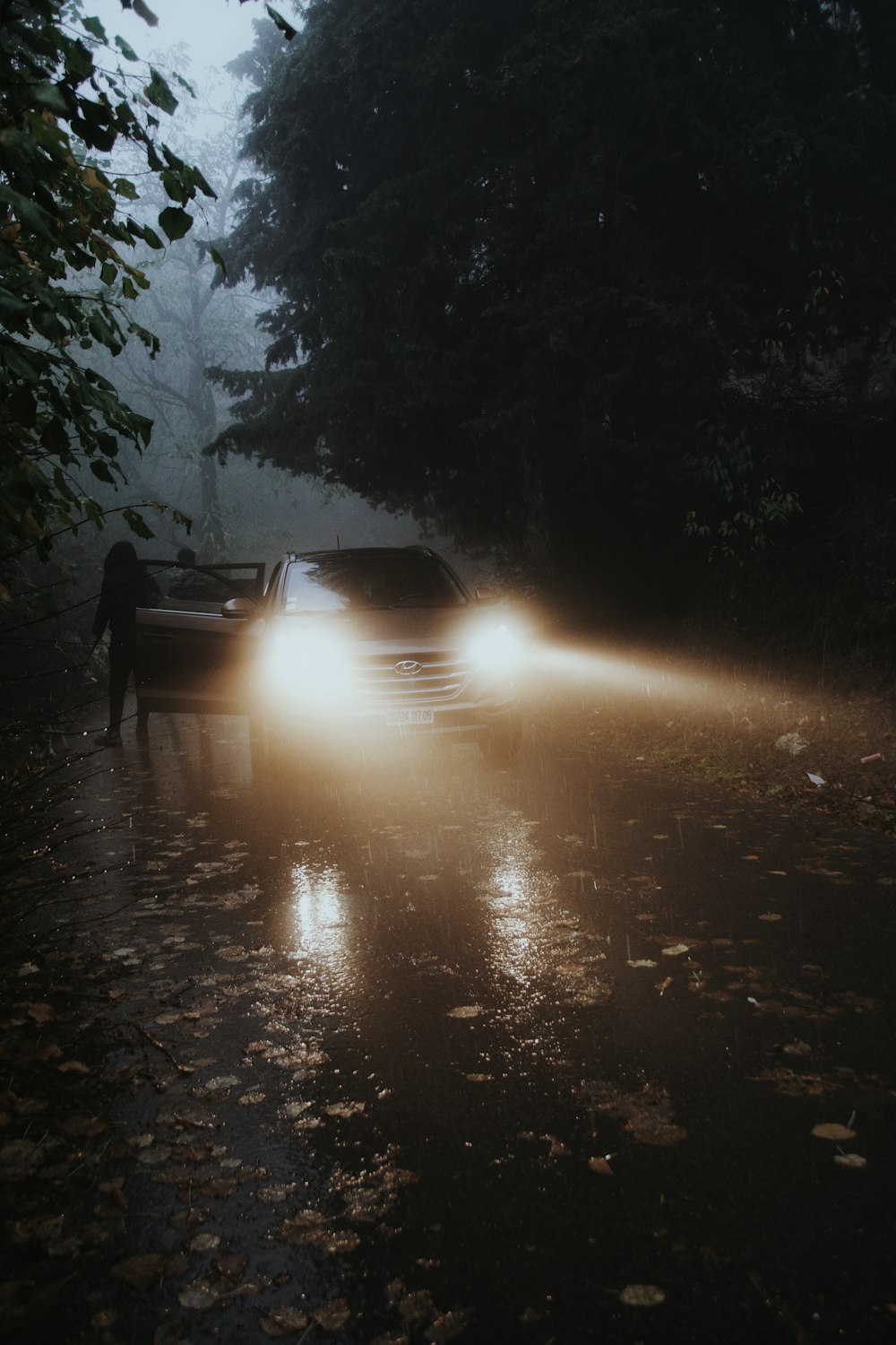 a car driving down a rain soaked road