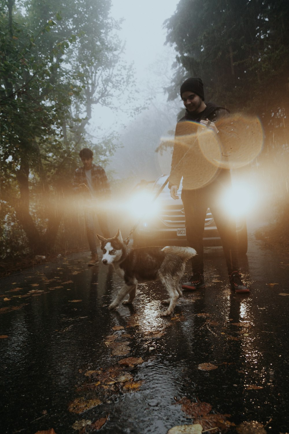 a couple of people and a dog on a road