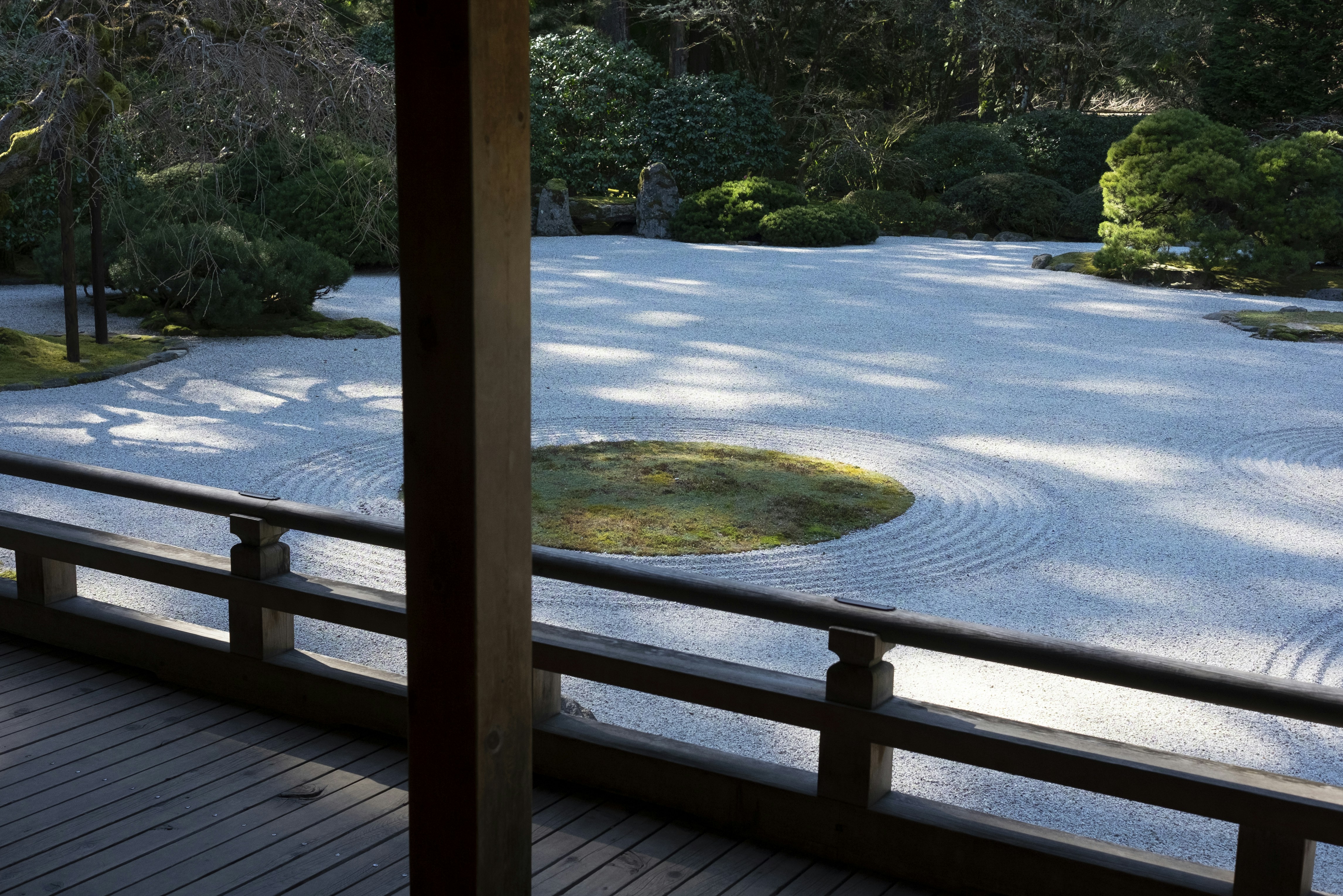 View of a Japanese garden from inside a building