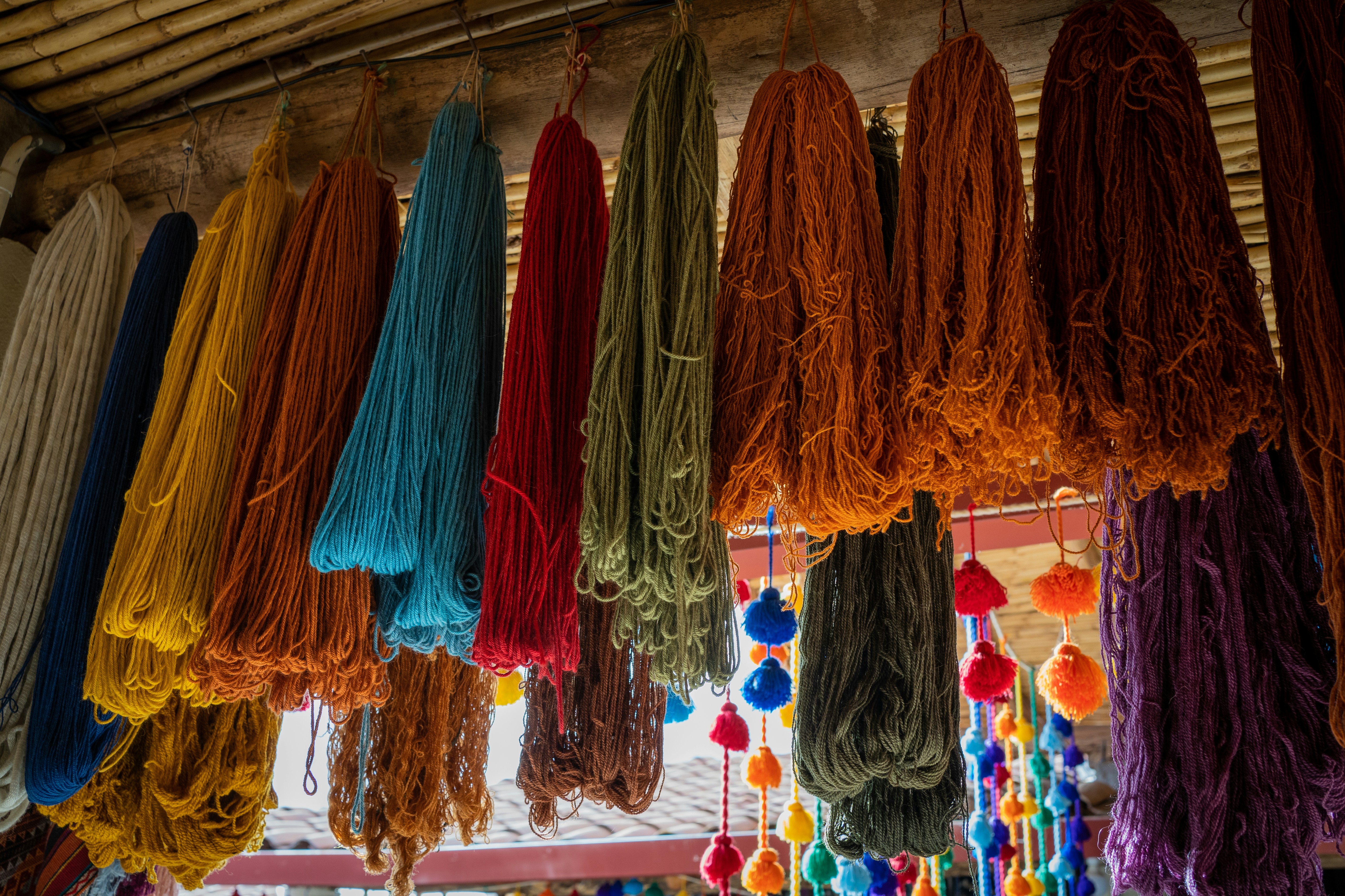 Naturally dyed colorful yarn in Chinchero, Peru