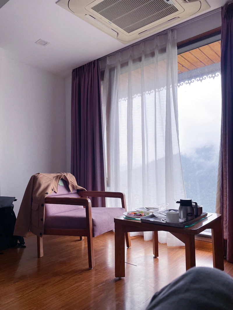 Boutique hotel living room with mountain view