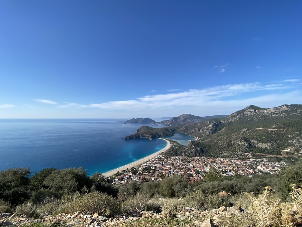 a view of a beach from a hill