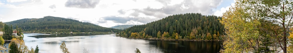 a scenic view of a lake surrounded by mountains