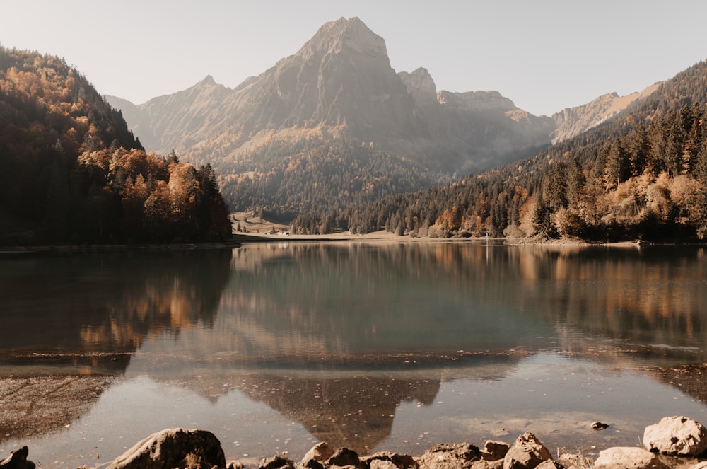 a lake surrounded by mountains and trees