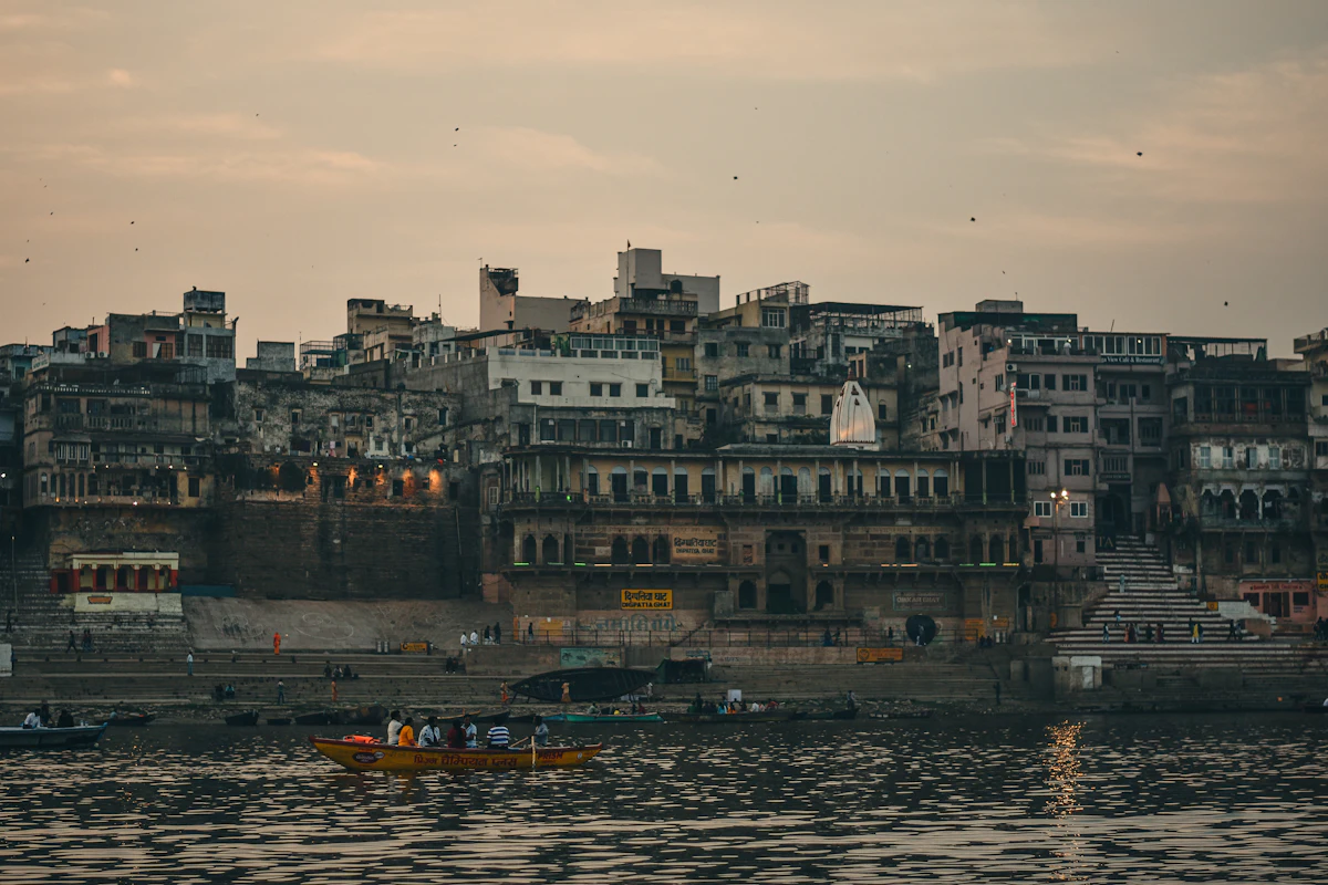 A wooden boat on the Ganga near the Varanasi ghats