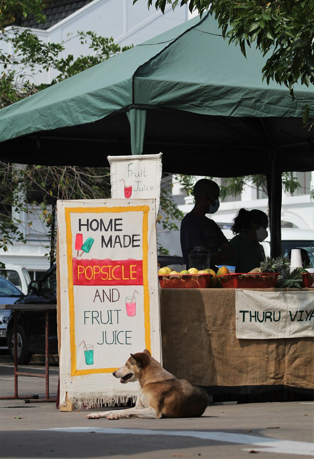 a dog laying on the ground in front of a sign