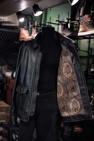 a mannequin wearing a leather jacket and pants