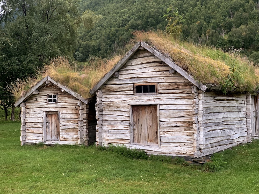 two old log cabins with a grass roof