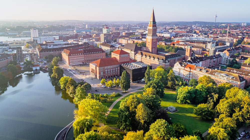 an aerial view of a city with a river running through it