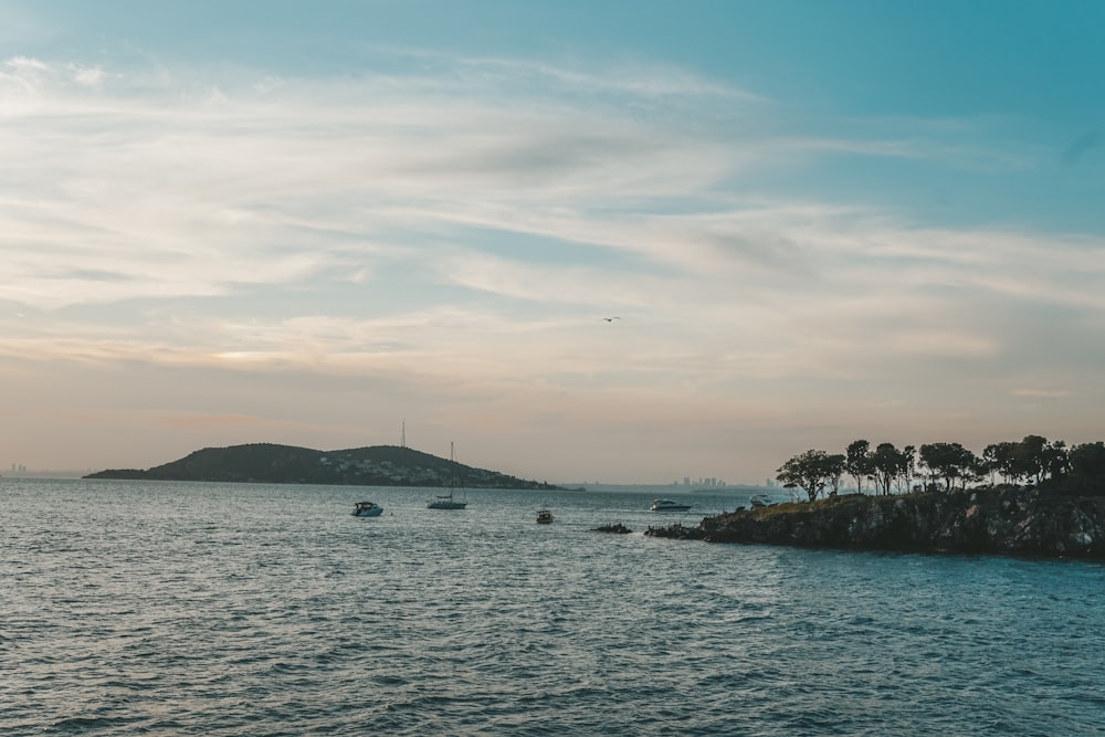 a body of water with a small island in the distance