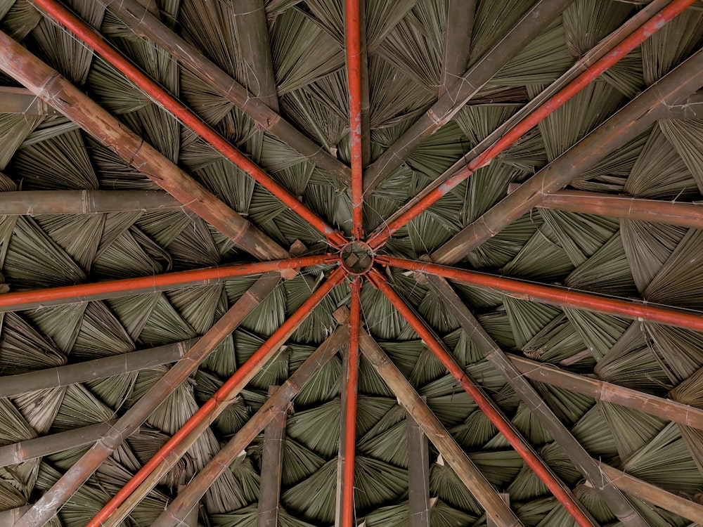 a close up of a roof made of bamboo sticks