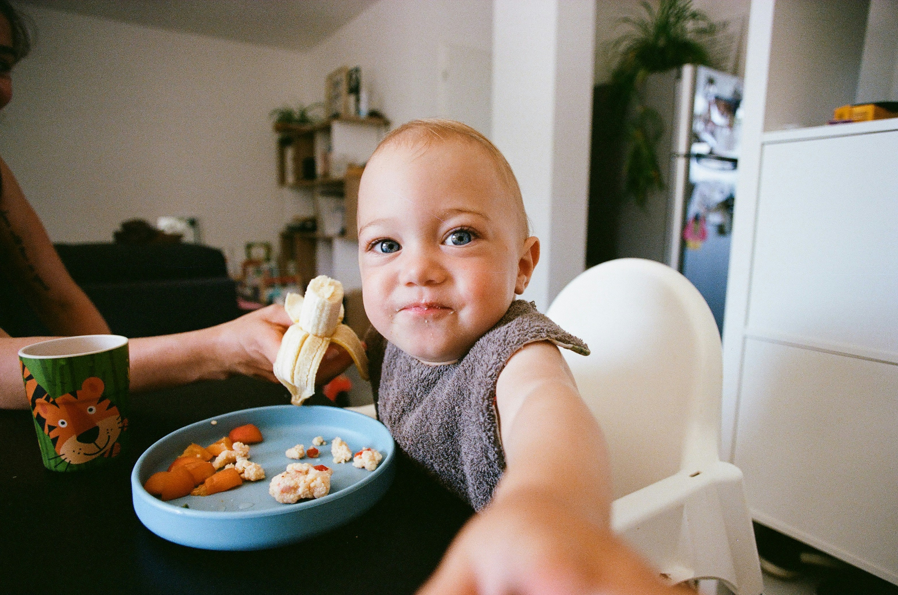 a baby sitting at a table with a plate of food