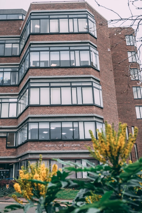 A multi-story brick building with large windows, labeled 'School of Education', is framed by green foliage and yellow flowers in the foreground. The building features modern architectural lines with a series of stacked, protruding window sections.