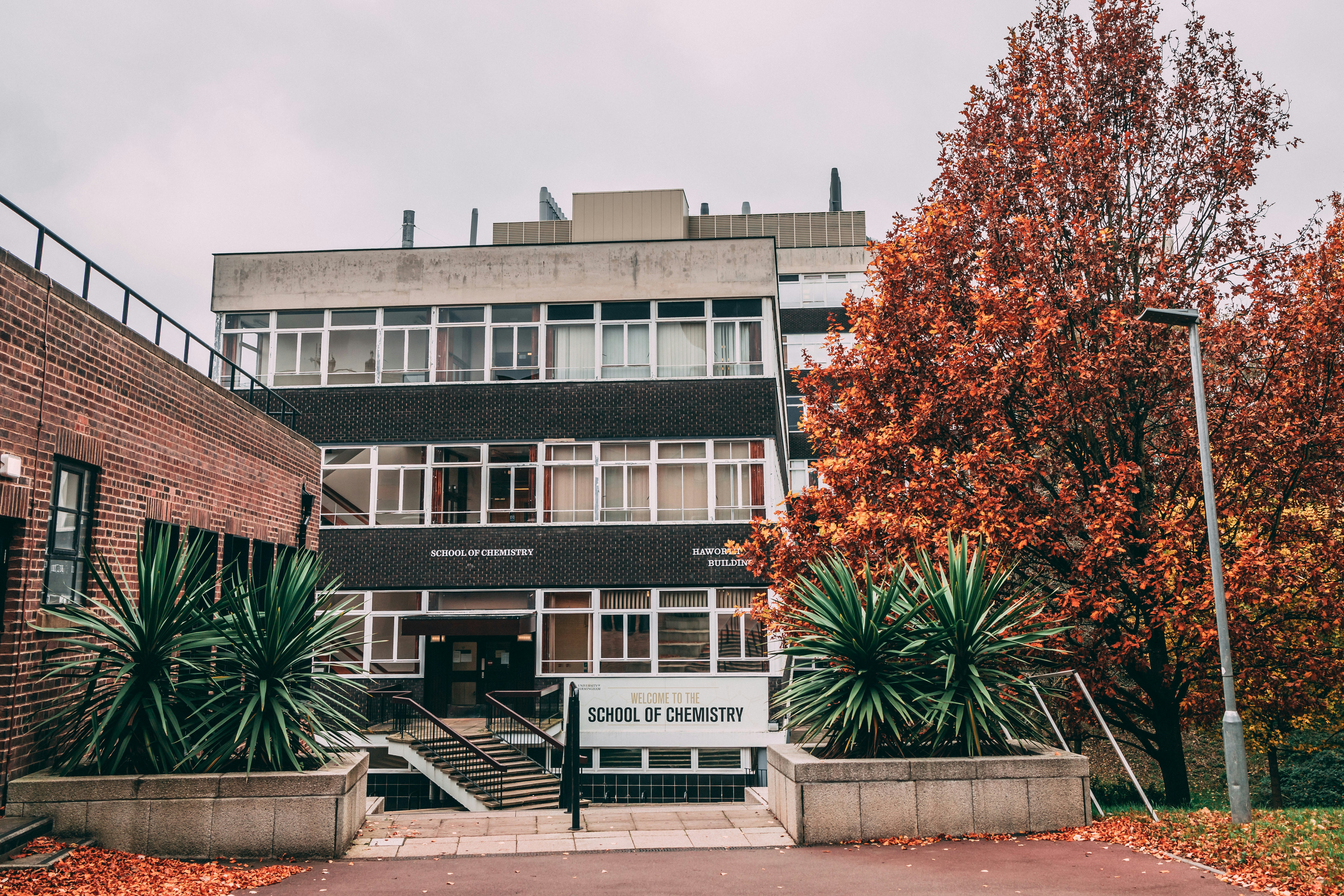 a building with a sign and some plants in front of it