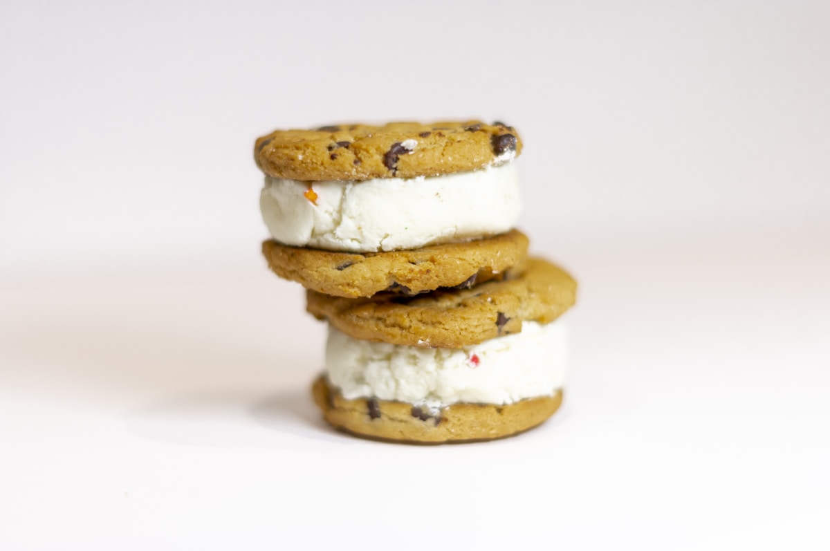Three stacked ice cream cookie sandwiches