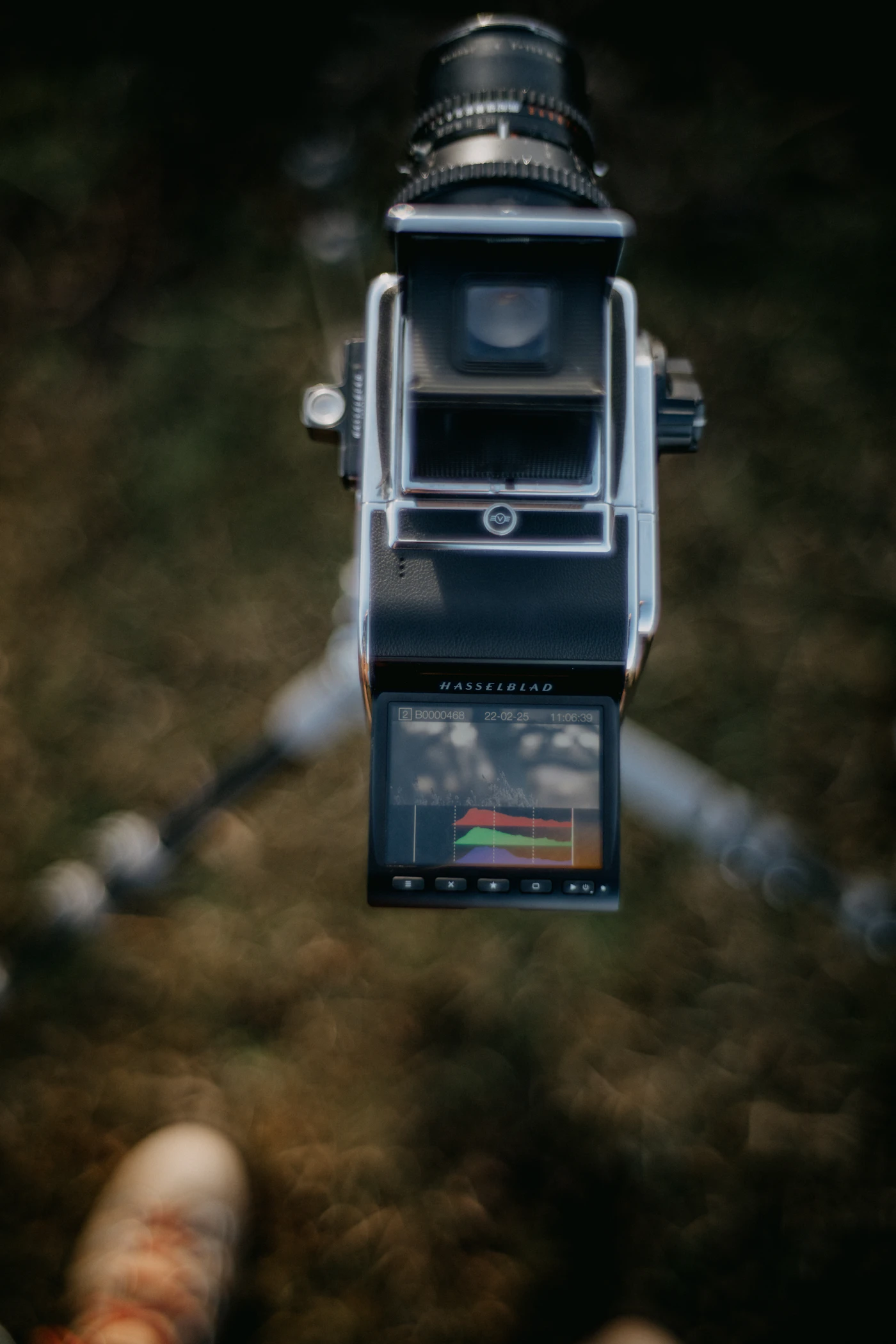 A medium-format camera body on a tripod seen from above, with a digital back whose screen shows a histogram
