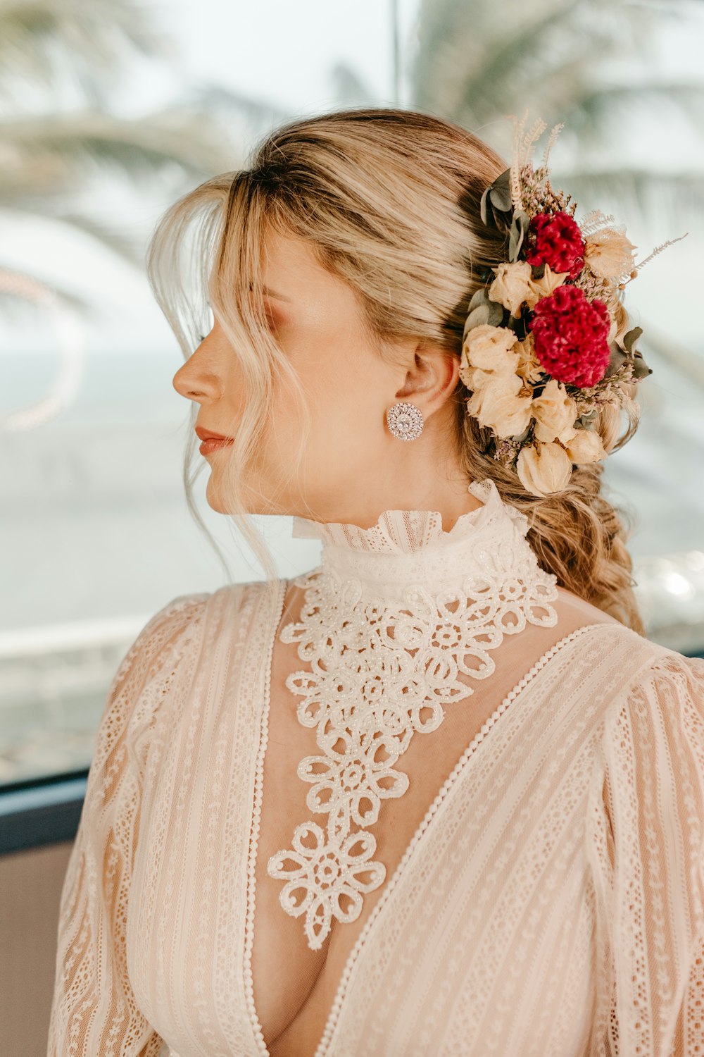 a woman with a flower in her hair