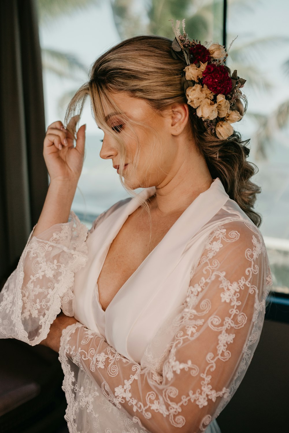 a woman with a flower in her hair