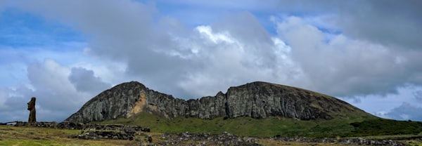 A grassy field with a mountain in the background — Easter Island, Chile