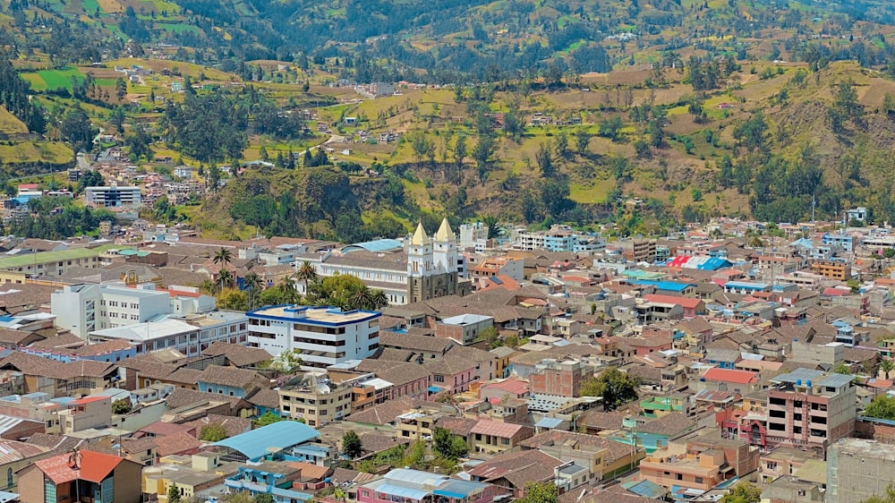 a view of a city with mountains in the background